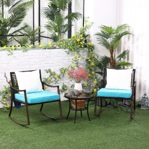 Outsunny 3 Pcs Rattan Wicker Rocking Bistro Set with Soft Cushions, Glass Round Coffee Table with Open Storage Shelf for Patio, Backyard, Garden
