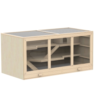 PawHut Wooden Hamster Cage Hutch and Exercise Play House Pen with Large Lockable Opening Roof Door -Natural Wood