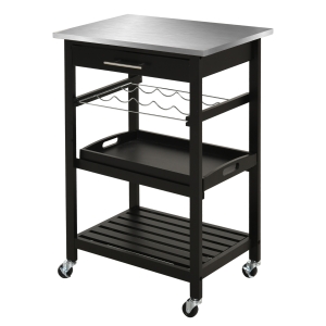 HOMCOM Pine 3-Tier Multifunction Kitchen Rolling Island Cart with Open Storage Shelves, Wine Rack & Stainless Steel Top
