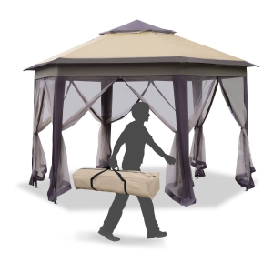 Outsunny 13' Pop Up Patio Gazebo Steel Fabric Hexagonal with Mesh Sidewalls - Coffee and Beige