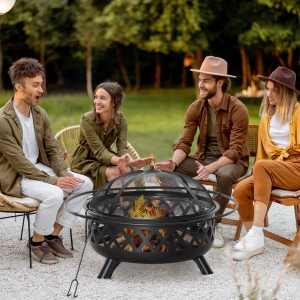 Outsunny 2-in-1 Outdoor Fire Pit with BBQ Cooking Grill, Round Firepit Bowl with Spark Screen Cover, Poker for Backyard Bonfire