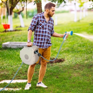 Outsunny Retractable Hose Reel 5/8" x 66ft w/ 8 Pattern Nozzle, Any Length Lock, Auto Rewind Slow Return System and 180° Swivel Wall Mounted Bracket