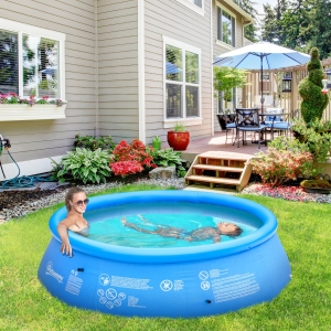 Outsunny 107" x 30" Inflatable Swimming Pool Family-Sized Blow Up Pool Round Paddling Pool with Hand Pump for Kids, Adults, Outdoor, Garden and Backyard, Blue