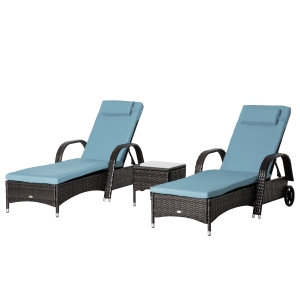 Outsunny 3 Pieces Patio Wicker Chaise Lounge Chair Set, Adjustable Outdoor PE Rattan Cushioned Lounge Set of 2 with Armrests, Side Table & Moving Wheels, Brown and Blue