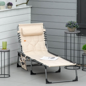 Outsunny Folding Chaise Lounge Chair, Outdoor Padded Reclining Chair with 5-position Adjustable Backrest, Pillow and Pocket for Patio, Deck, Beach, Lawn and Sunbathing, Beige