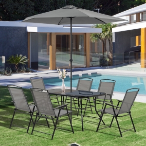 Outsunny 8 Piece Patio Dining Set with Table Umbrella, 6 Folding Chairs and Rectangle Dining Table, Outdoor Patio Furniture Set, Grey
