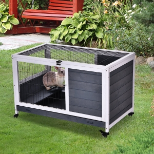 PawHut Wooden Indoor Rabbit Hutch Elevated Cage Habitat with Enclosed Run with Wheels, Ideal for Rabbits and Guinea Pigs, White