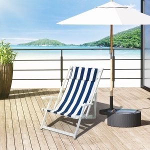 Outsunny Outdoor Folding Sun Lounger, Patio Beach Recliner, 3-level Adjustable Backrest Chaise Lounge Chair with Padded Pillow Wood Frame, Blue & White Stripes
