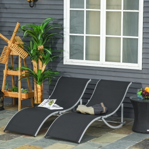 Outsunny Set of 2 S-shaped Foldable Lounge Chair Reclining Outdoor Chair for Patio Beach Garden Capacity 65"x24"x24.75" Black