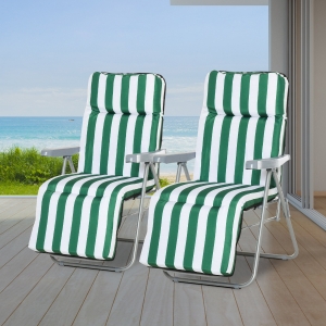 Outsunny Set of 2 Garden Sun Lounger Outdoor Reclining Seat Cushioned Seat Foldable Adjustable Recliner White and Green