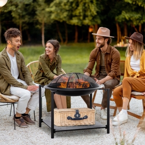 Outsunny Outdoor Fire Pit with Screen Cover and Storage Shelf, Wood Burning Fire Bowl with Poker for Patio, Backyard, Black