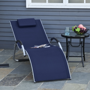 Outsunny Ergonomic Lounger Chair Portable Armchair with Removable Headrest Pillow for Garden Patio Outside All Aluminum Frame Blue