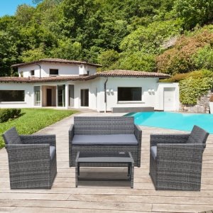 Outsunny 4 pcs Rattan Garden Furniture Set, Outdoor Patio Conversation Sofa Set with 2-seater Chairs & Tempered Glass Coffee Table, Grey