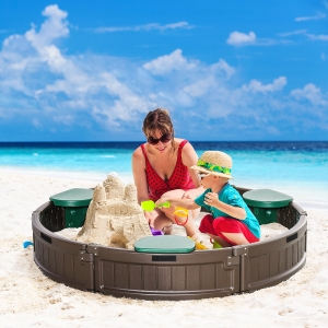 Outsunny Kids Outdoor Round Sandbox, with Waterproof Oxford Canopy, Bottom Fabric Liner, Children Playset for 3-12 years old, Backyard, Brown