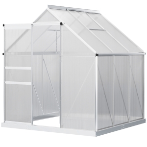 Outsunny 6' x 6' x 6.5' Aluminum Greenhouse, Polycarbonate Walk-in Garden Greenhouse Kit with Adjustable Roof Vent, Rain Gutter and Sliding Door for Winter, Silver