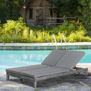 Outsunny Outdoor 2 Seater Double Rattan Sun Lounger Companion Reclining Recliner Wicker Weave Patio Furniture Cushioned, Grey