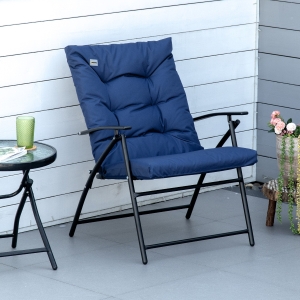 Outsunny Foldable Lounge Chair, Fabric Upholstered Recliner, Outdoor Lounger with Armrest, Metal Frame Camping Beach Chair for Poolside, Deck, Backyard, Blue
