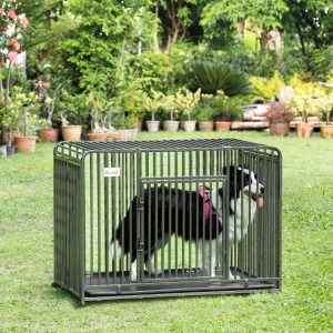 PawHut Heavy Duty Dog Crate, Foldable Pet Kennel Cage, with All Steel Frame Removable Tray, 4 Locking Wheels, for Medium & Large Dogs, Dark Silver
