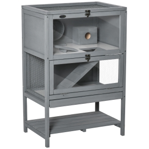PawHut Wooden Hamster Cage, 2-Tier Small Animals Hutch, w/ Storage Shelf, Tray, Grey