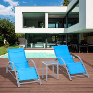 Outsunny 3 Pieces Patio Lounge Chair Set PE Rattan Wicker Beach Yard Garden Sunbathing Chair with Table, Blue