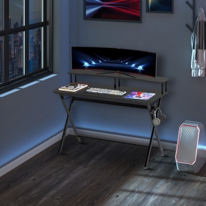HOMCOM 55 inch Gaming Desk, Racing Style Computer Office PC Gamer Workstation with Elevated Monitor Stand, Headphone Hook, Black