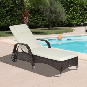 Outsunny Adjustable Wicker Sun Lounger Outdoor Recliner Chair Garden Chaise Lounge with Cushion Patio Furniture Poolside Reclining Padded Seat, Brown