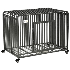 PawHut Heavy Duty Dog Crate, Foldable Kennel Cage, w/ Removable Tray, 4 Locking Wheels