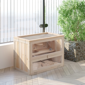 PawHut Wooden Hamster Cage Rabbit Guinea Pig Chinchilla Pet House 2 Levels Small Animals Habitat Home w/ openable roof & run space