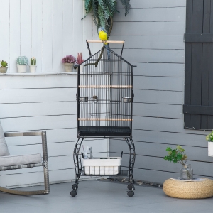 PawHut Bird Cage 57 Inch Flight Cage for Finch Canary Budgie with Rolling Stand, Pull Out Tray, Storage Shelf, Open Top Budgerigar w/ Wheels 57" Parrot w/Wheels, Storage