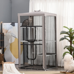 PawHut Large Outdoor Cat Enclosure Kitten House Indoor Cage Pet Kennel Playpen with 3 Platforms Door 4 Sandbags 39" x 39" x 79"