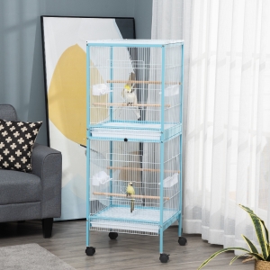 PawHut 55 Inches 2 In 1 Bird Cage Aviary Parakeet House for finches, budgies with Wheels, Slide-out Trays, Wood Perch, Food Containers, Light Blue