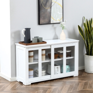 HOMCOM Modern Kitchen Sideboard, Stackable Storage Cabinet, Sliding Glass Door Console, Cupboard Serving Buffet for Kitchen & Dining Room, White