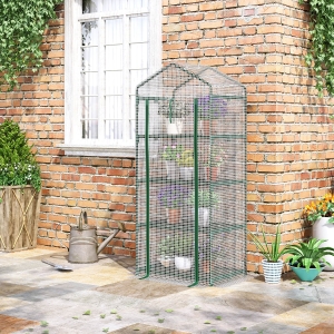 Outsunny 28" x 20" x 63" Portable Greenhouse with 4 Tier Shelves Outdoor Hot House Plant Flower Greenhouse, Steel Frame, PE Cover, White