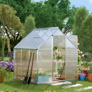 Outsunny 6' x 6' Aluminum Greenhouse Polycarbonate Walk-in Garden Greenhouse Kit with Adjustable Roof Vent, Rain Gutter and Sliding Door for Winter, Clear