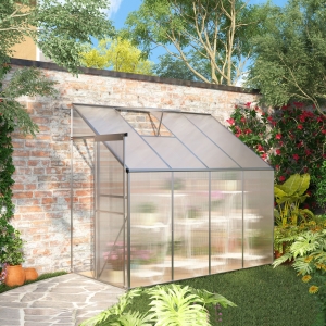 Outsunny 8' x 4' x 7' Lean-to Greenhouse Walk-in Garden Aluminum Polycarbonate with Roof Vent for Plants Herbs Vegetables, Green