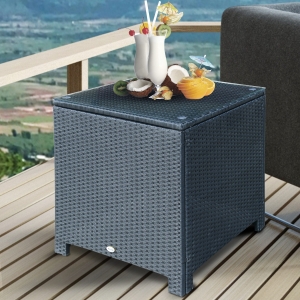 Outsunny Rattan Wicker Side Coffee Table with Glass Top Outdoor Patio Furniture Black