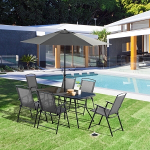 Outsunny 8 Piece Patio Dining Set with Table Umbrella, 6 Folding Chairs and Rectangle Dining Table, Outdoor Patio Furniture Set, Black