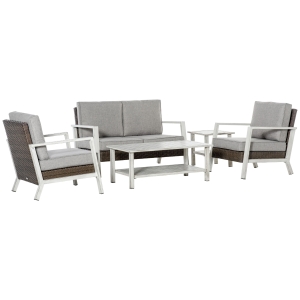 Outsunny 5 Pieces Patio Wicker Sectional Conversation Sets, Outdoor PE Rattan Aluminum Frame Loveseat Furniture, Two-tier Coffee Table and Side Table w/ Cushions for Backyard, Garden, Patio, Grey