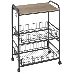 HOMCOM 3-Tier Rolling Kitchen Cart, Utility Storage Trolley with 2 Basket Drawers, Side Hooks for Dining Room and Kitchen, Oak Wood Tone