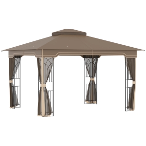 Outsunny 12' x 10' Patio Gazebo Outdoor Canopy Shelter with Double Tier Roof and Netting Sidewalls for Garden, Lawn, Backyard and Deck, Brown
