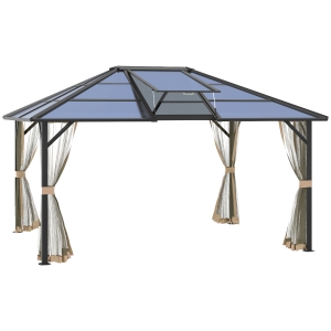 Outsunny 14' x 12' Hardtop Gazebo Aluminum Frame Pergola with Netting and Window, Grey