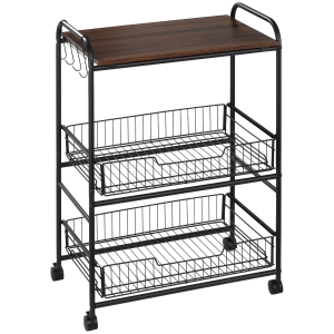 HOMCOM 24" 3-Tier Rolling Kitchen Cart, Utility Storage Trolley with 2 Basket Drawers, Side Hooks for Dining Room, Walnut Wood Tone