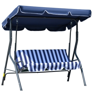 Outsunny 3-Person Patio Swing Chair, Outdoor Canopy Swing Bench with Adjustable Shade, Cushion and Durable Steel Frame, Dark Blue
