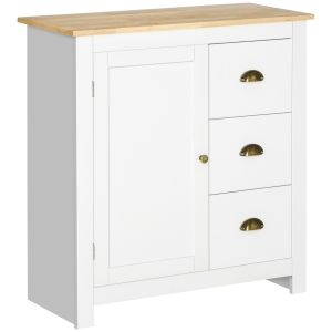 HOMCOM Modern Floor Cabinet, Storage Sideboard, Kitchen Buffet Table with Rubberwood Top, 3 Drawers and Cabinet with Adjustable Shelf, White