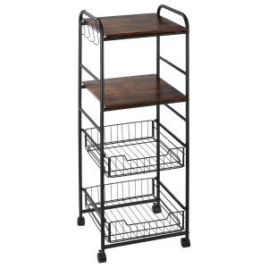 HOMCOM 16" 4-Tier Rolling Kitchen Cart, Utility Storage Trolley with 2 Basket Drawers, Side Hooks for Dining Room and Kitchen, Brown