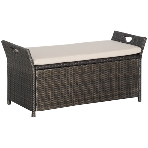 Outsunny Outdoor PE Rattan Two-In-One Storage Bench, Patio Wicker Large Capacity Footstool Rectangle Basket Box w/ Handles & Cushion, Cream White