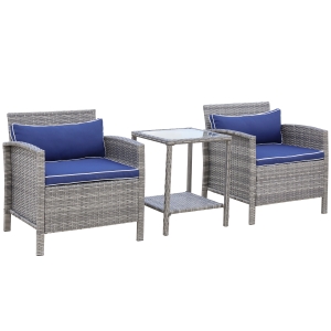 Outsunny 3 Pcs Rattan Wicker Bistro Set with Soft Cushions, Outdoor Coffee Set with Glass Table Top and Open Shelf, Blue