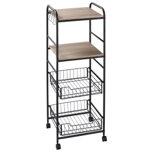 HOMCOM 16" 4-Tier Rolling Kitchen Cart, Utility Storage Trolley with 2 Basket Drawers, Side Hooks for Dining Room and Kitchen, Oak