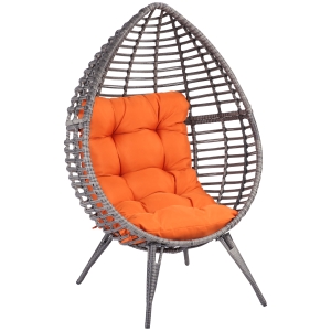 Outsunny Teardrop Wicker Lounge Chair with Soft Cushion, Outdoor/Indoor PE Rattan Egg Cuddle Chair with Height Adjustable Knob for Backyard, Patio, Garden, Lawn, Living Room, Orange