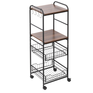 HOMCOM 16" 4-Tier Rolling Kitchen Cart, Utility Storage Trolley with 2 Basket Drawers, Side Hooks for Dining Room and Kitchen, Walnut